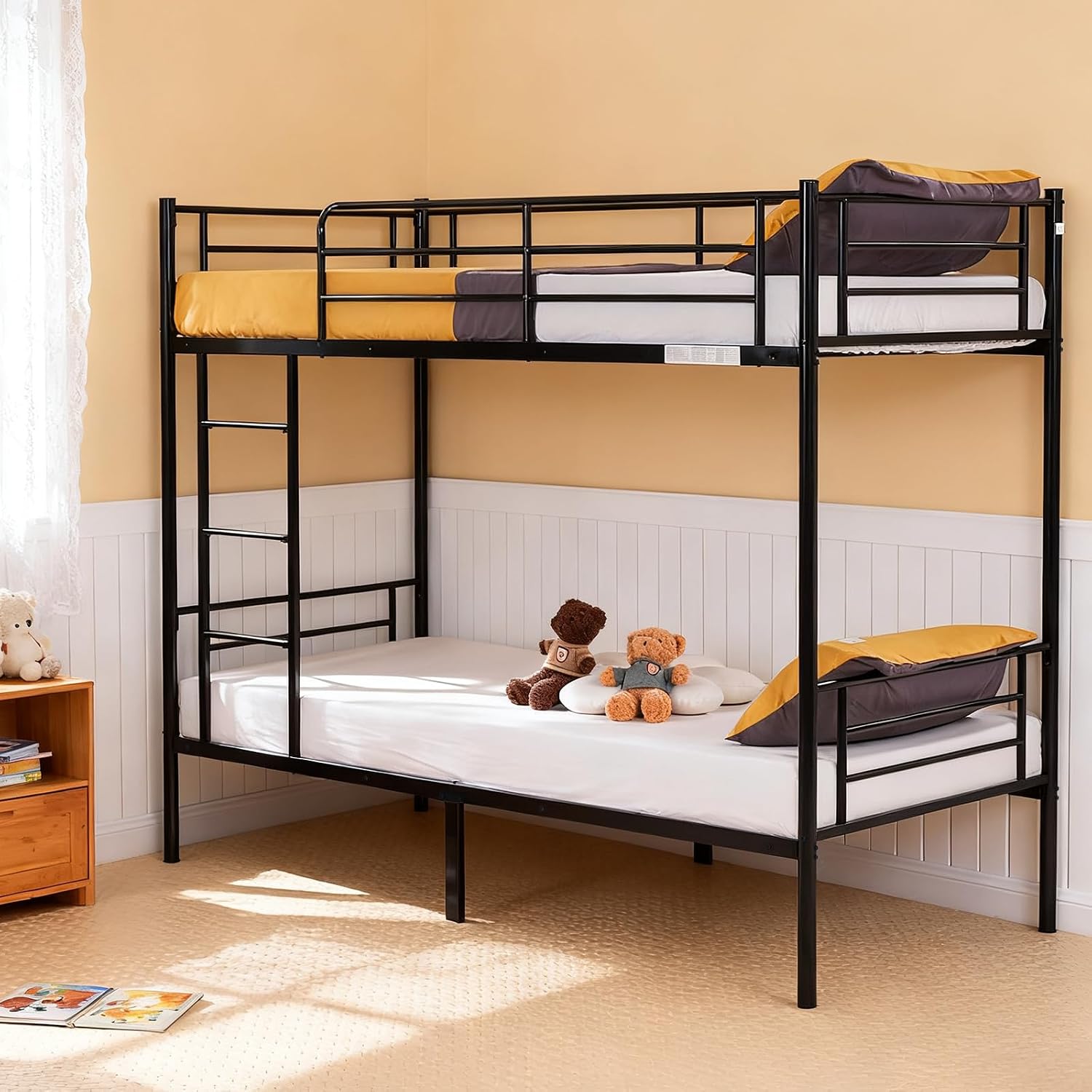 Black Twin-Over-Twin Metal Bunk Bed with Integrated Ladder