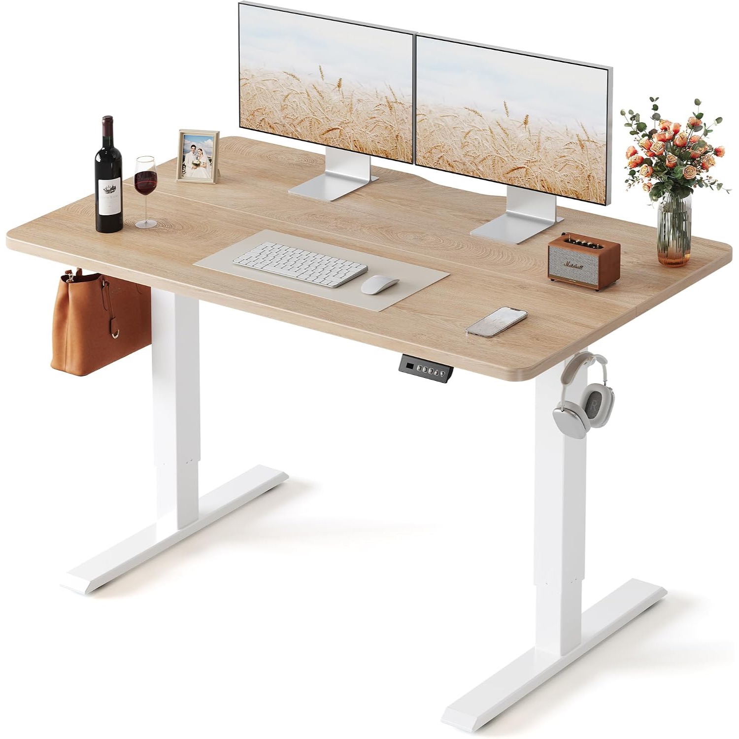 Electric Standing Desk, 48 × 24 Inches, Height Adjustable, Maple Finish