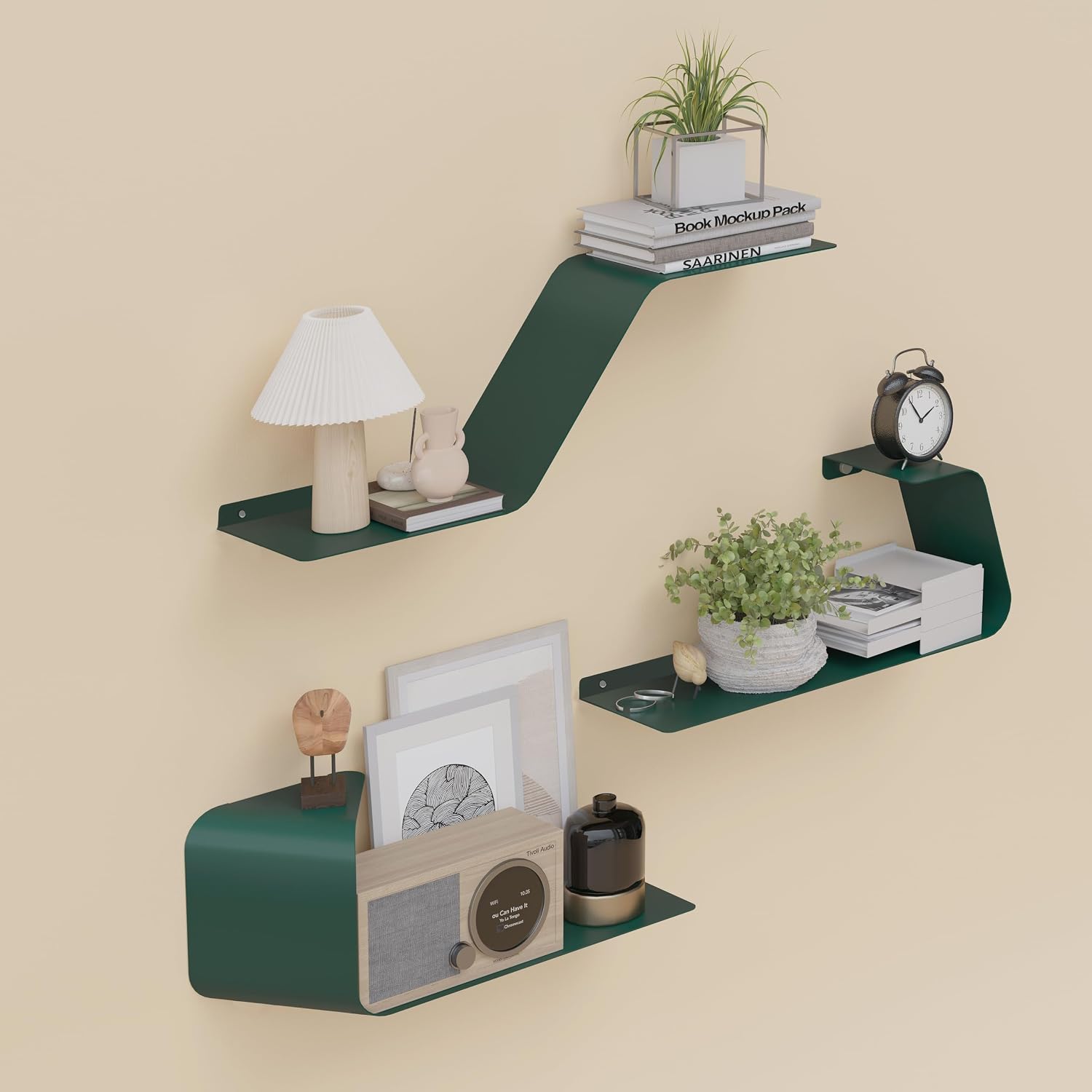 Set of 3 Wall-Mounted Metal Floating Shelves with Distinctive Design – Wall Storage, Bookshelf & Display Shelving for Bathroom, Bedroom, Kitchen and Living Room – Green